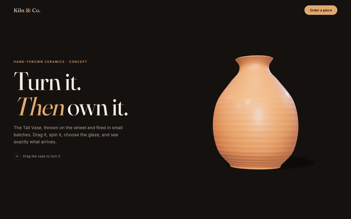 Demo page with a 3D ceramic vase that visitors can rotate and re-glaze